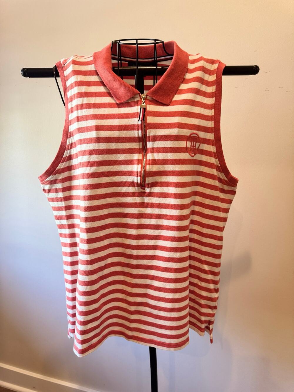 Tommy Hilfiger Women's XXL Coral & White Striped Sleeveless Quarter Zip Polo Top